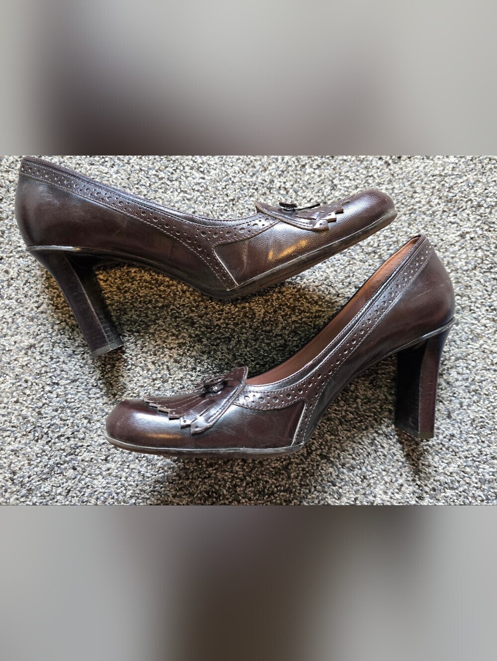 VTG Nine West Oksana Brown Leather Kiltie Brogue Pumps Heeled Loafers Size 8.5 - Picture 4 of 10